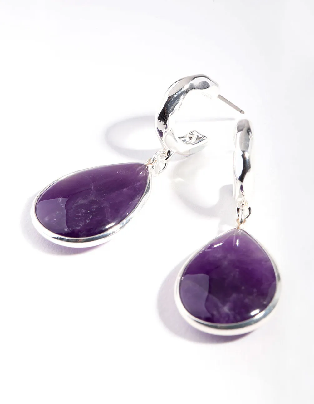 Silver Deep Amethyst Stone Teardrop Hoop Earrings