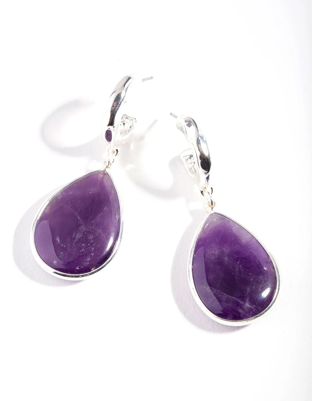 Silver Deep Amethyst Stone Teardrop Hoop Earrings