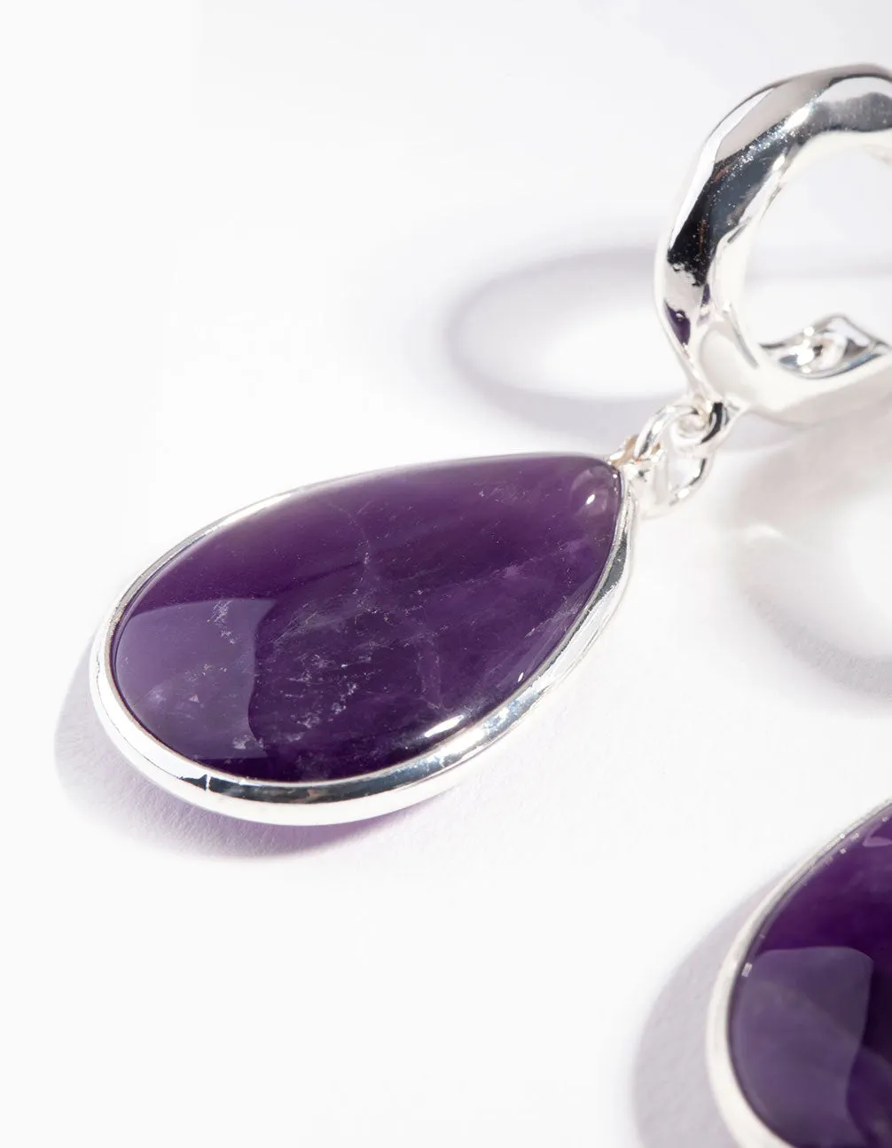 Silver Deep Amethyst Stone Teardrop Hoop Earrings