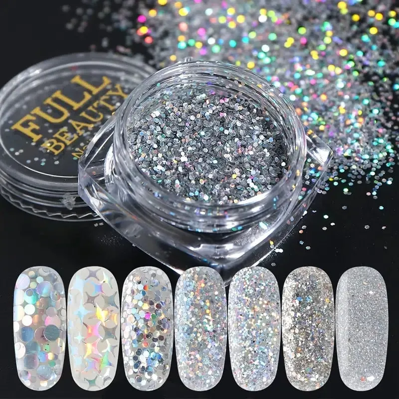 Silver Holographic Nail Art Glitter Sequins Kits, 8 Boxes Metallic Shining Flakes Nail Art Decoration Decals Iridescent Sparkly Mermaid Nail