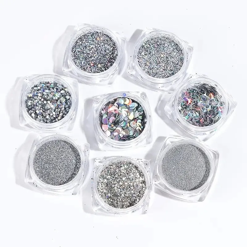 Silver Holographic Nail Art Glitter Sequins Kits, 8 Boxes Metallic Shining Flakes Nail Art Decoration Decals Iridescent Sparkly Mermaid Nail