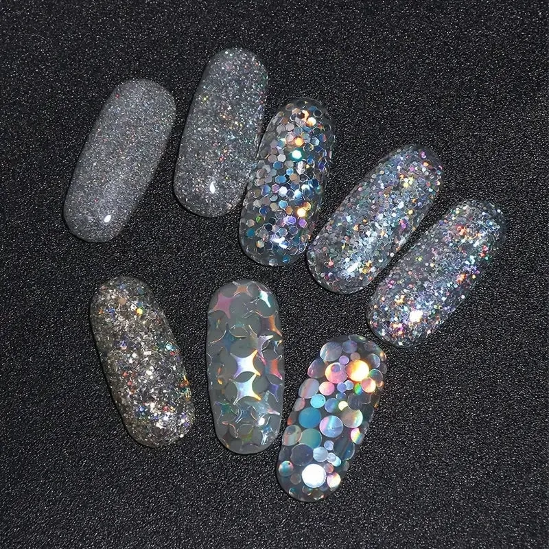 Silver Holographic Nail Art Glitter Sequins Kits, 8 Boxes Metallic Shining Flakes Nail Art Decoration Decals Iridescent Sparkly Mermaid Nail