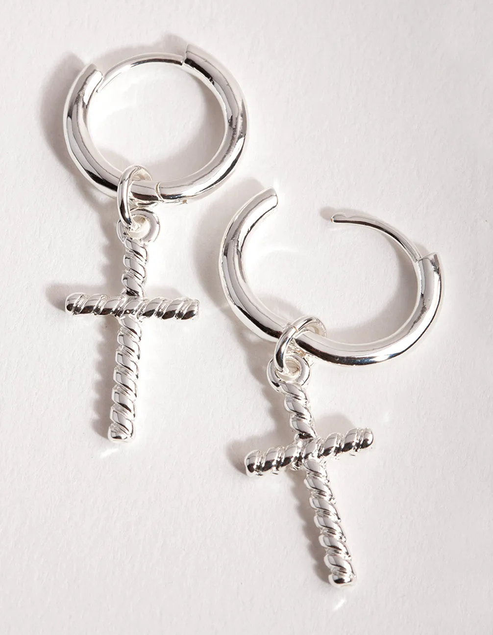 Silver Twist Cross Huggie Earrings