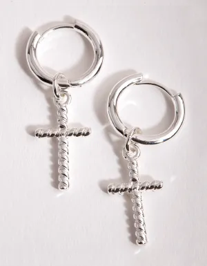 Silver Twist Cross Huggie Earrings