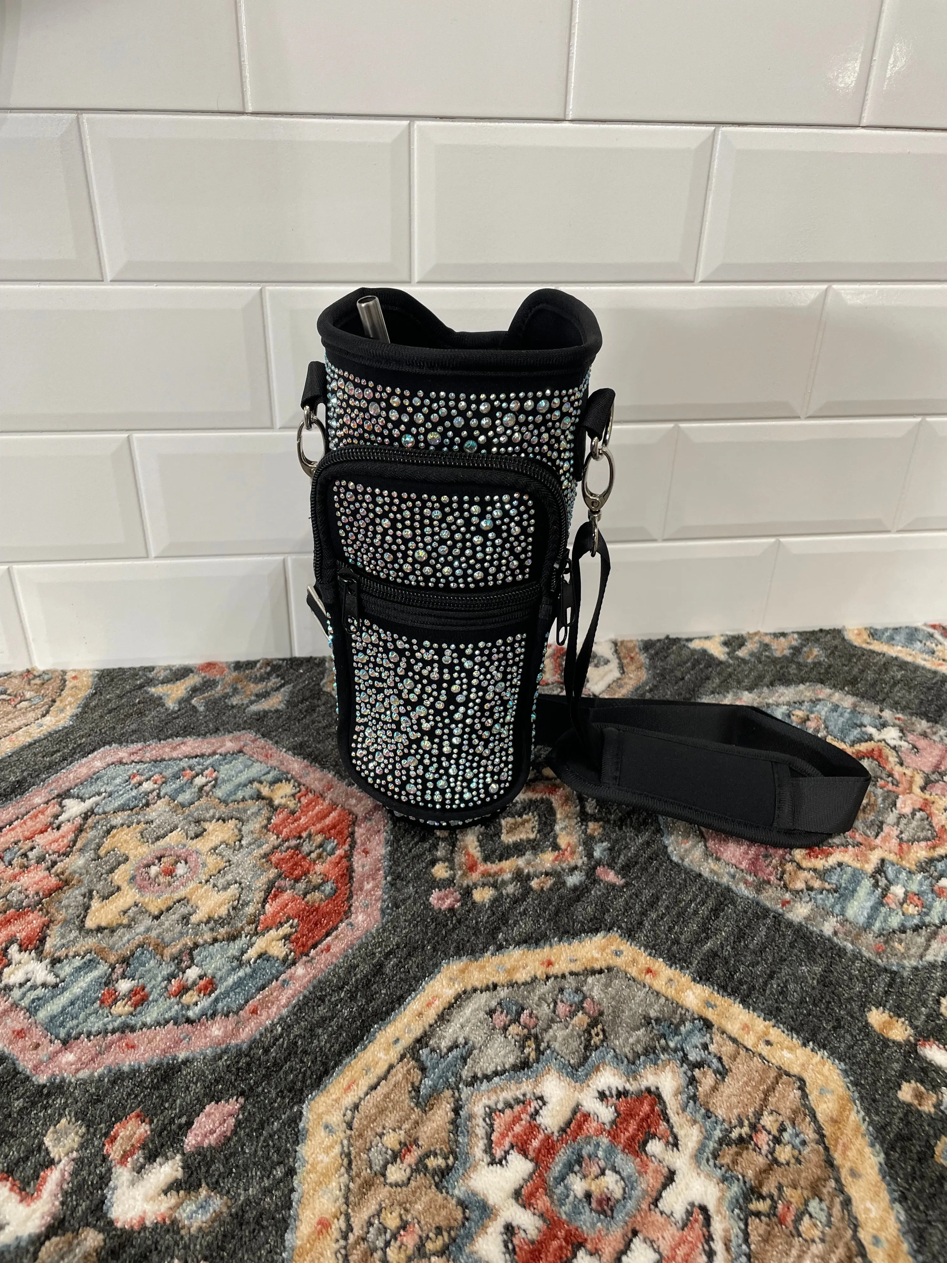 Sparkly Tumbler Pouch with Phone Pockets and Strap