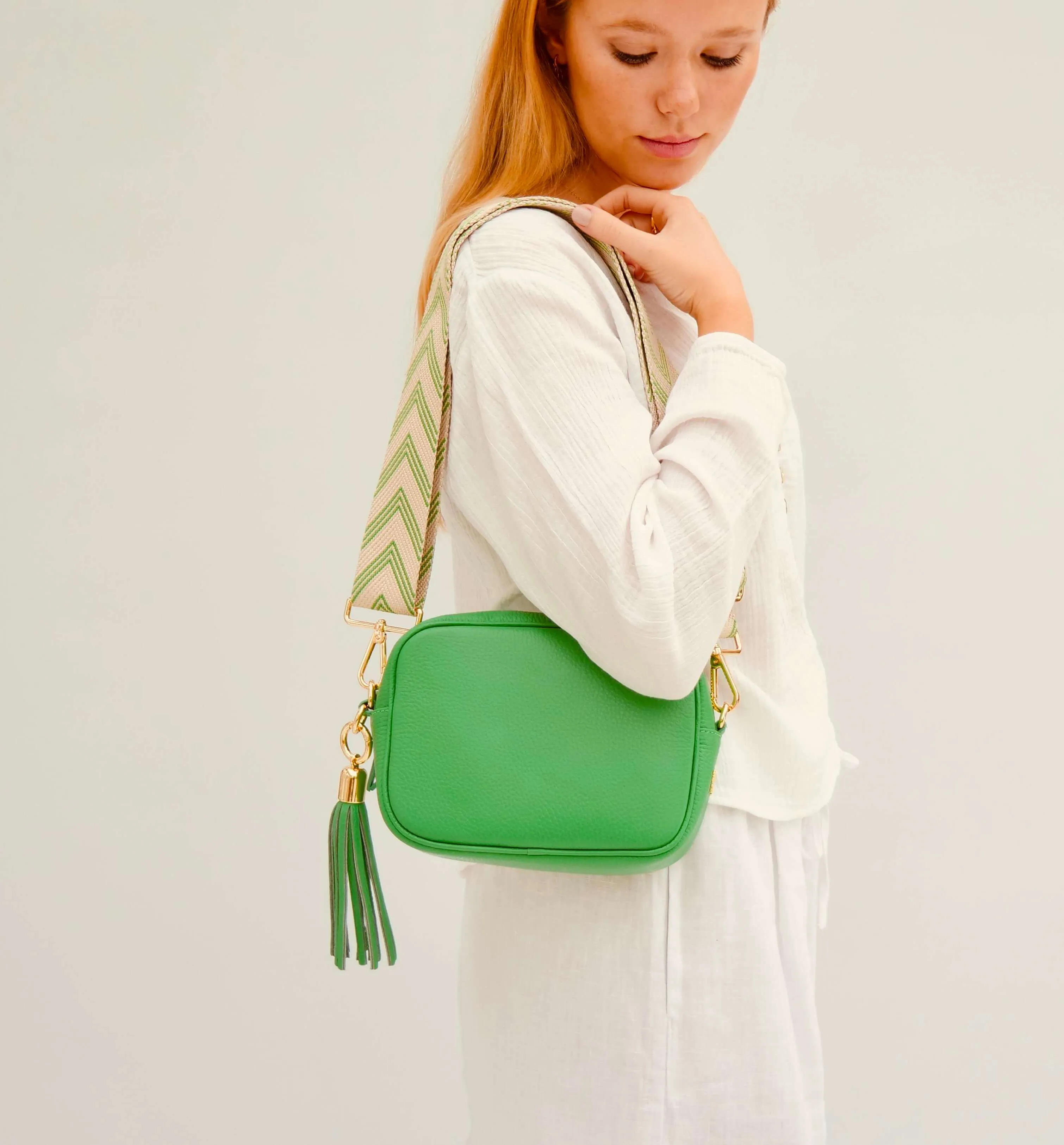 The Tassel Bottega Green Leather Crossbody Bag With Bottega Green Arrow Strap