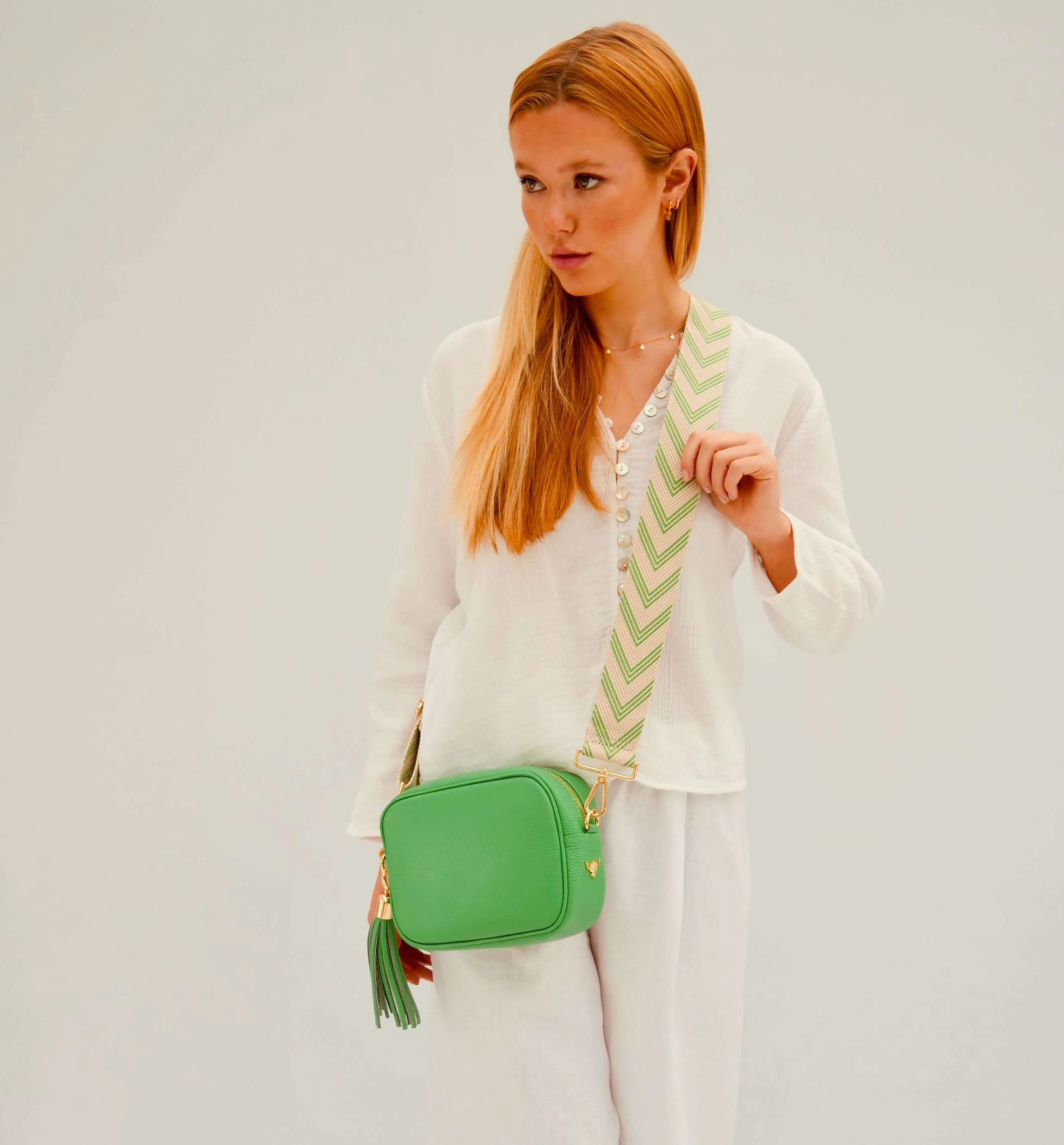 The Tassel Bottega Green Leather Crossbody Bag With Bottega Green Arrow Strap