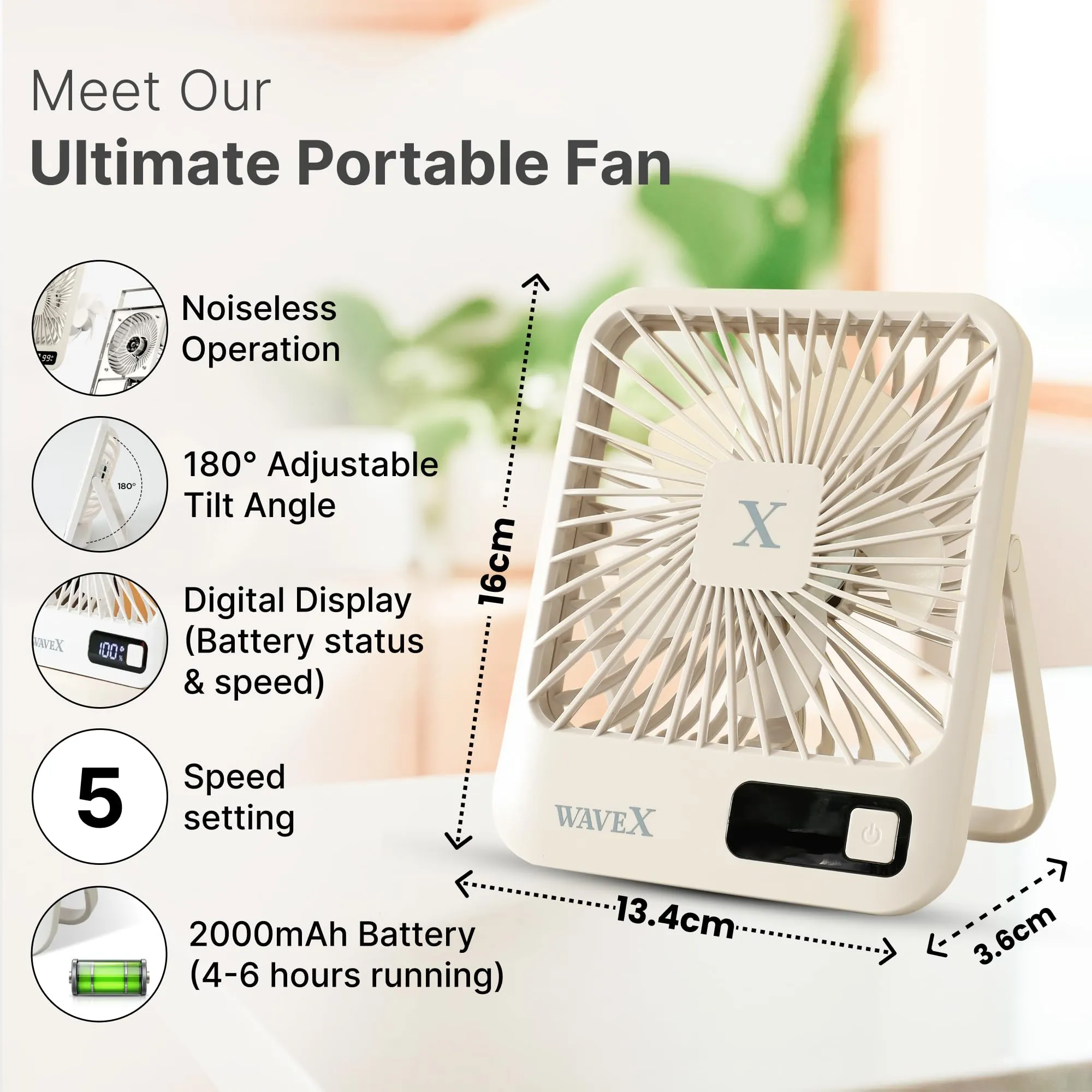 UMAI Digital Portable Mini Fan | Rechargeable USB Fan with 5 Speeds | Portable Fan for Office Home Travel | 4-6 Hours Running 2000mAh Battery | Small Fan with 180° Tilt Angle | 1 Yr warranty | Khaki