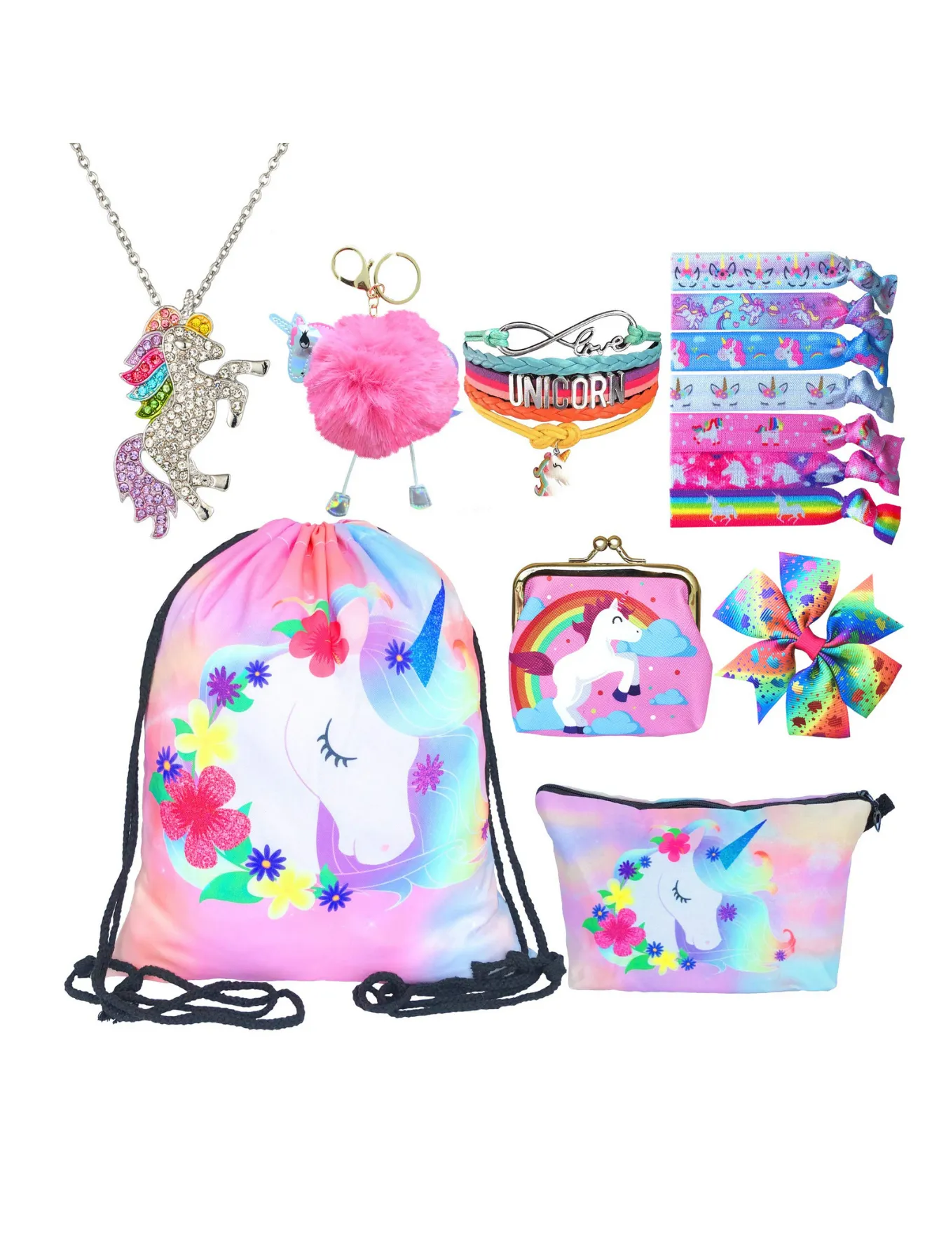 Unicorn Gifts for Girls - Unicorn Drawstring Backpack/Makeup Bag/Bracelet/Necklace/Hair Ties/Keychain/Sticker (Flower Head 2)