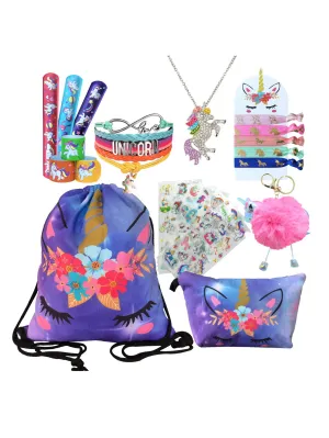 Unicorn Gifts for Girls - Unicorn Drawstring Backpack/Makeup Bag/Bracelet/Necklace/Hair Ties/Keychain/Sticker (Purple Flower 4)