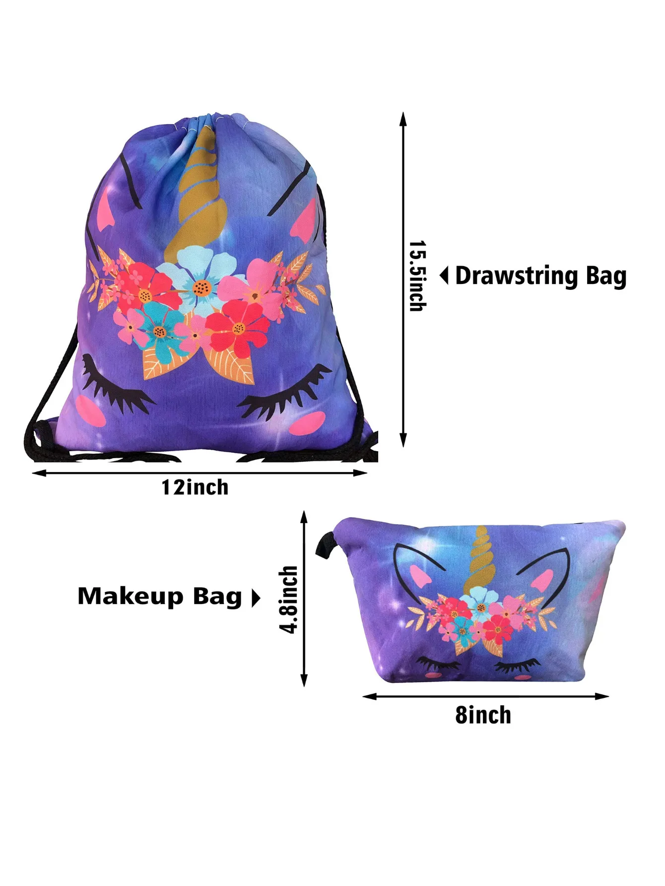 Unicorn Gifts for Girls - Unicorn Drawstring Backpack/Makeup Bag/Bracelet/Necklace/Hair Ties/Keychain/Sticker (Purple Flower 4)