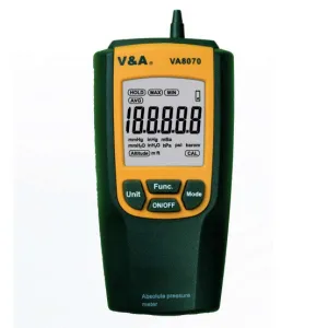 VA8070, Absolute Pressure Meter. pQA,hpa,mmH20,mmHg,inHG,inH20,psi, Range 300...1,200 hpa, 120.4...481.8 inH20, Accuracy  /-3.0hpa, /-1.2inH20 (18-28 Deg C, RH less than 80%)