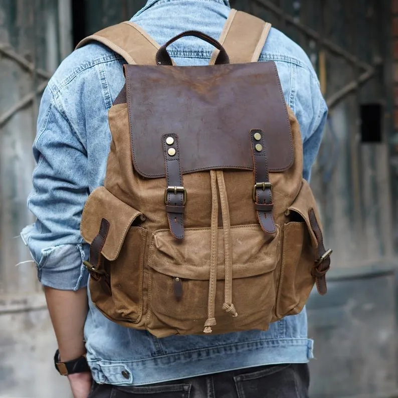 Vintage Waxed Canvas and Leather Backpack Rucksack Travel