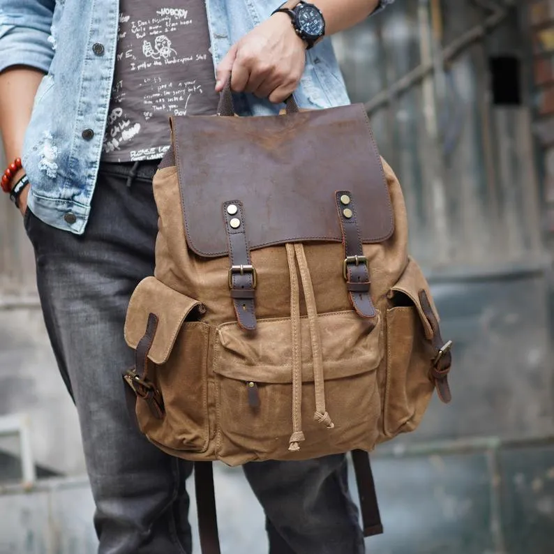 Vintage Waxed Canvas and Leather Backpack Rucksack Travel