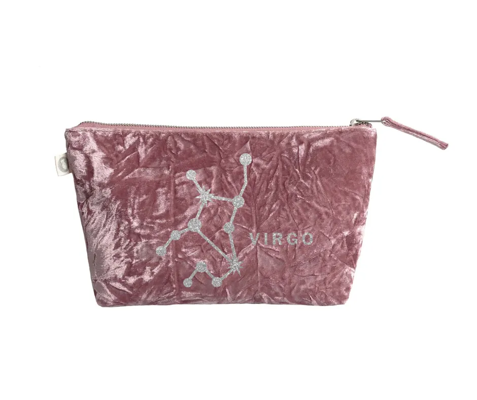 Zodiac Pink Crushed Velvet Large Makeup Bag -  Virgo